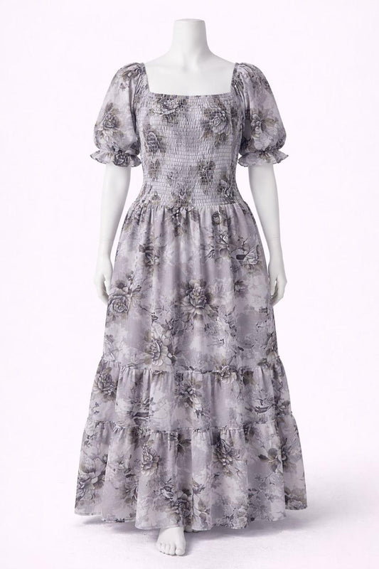 Women's Black & white floral printed sundress with puff sleeves