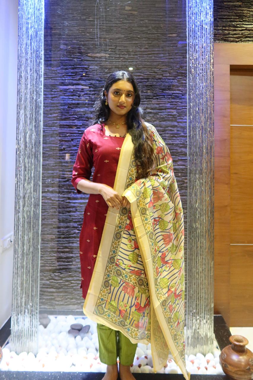 Pure Raw Silk Churidar Set with Kalamkari Dupatta & Pant