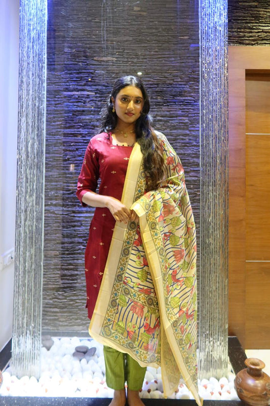 Pure Raw Silk Churidar Set with Kalamkari Dupatta & Pant