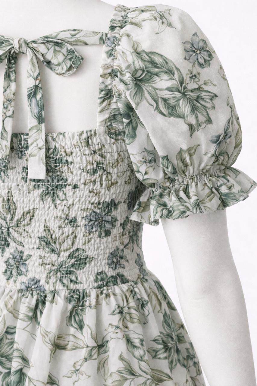Women's green & white printed sundress with puff sleeves