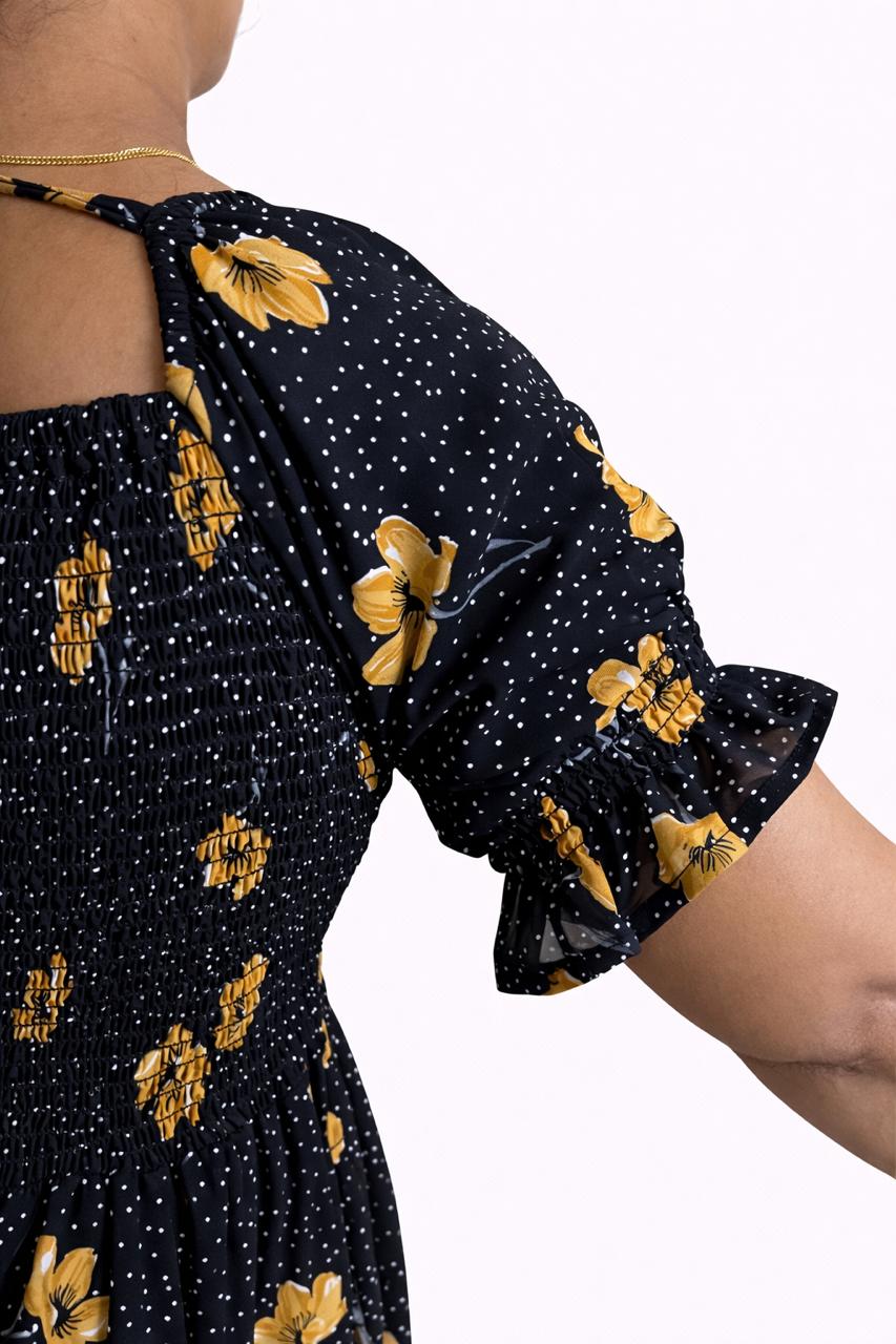 Women's Black & orange printed sundress with puff sleeves