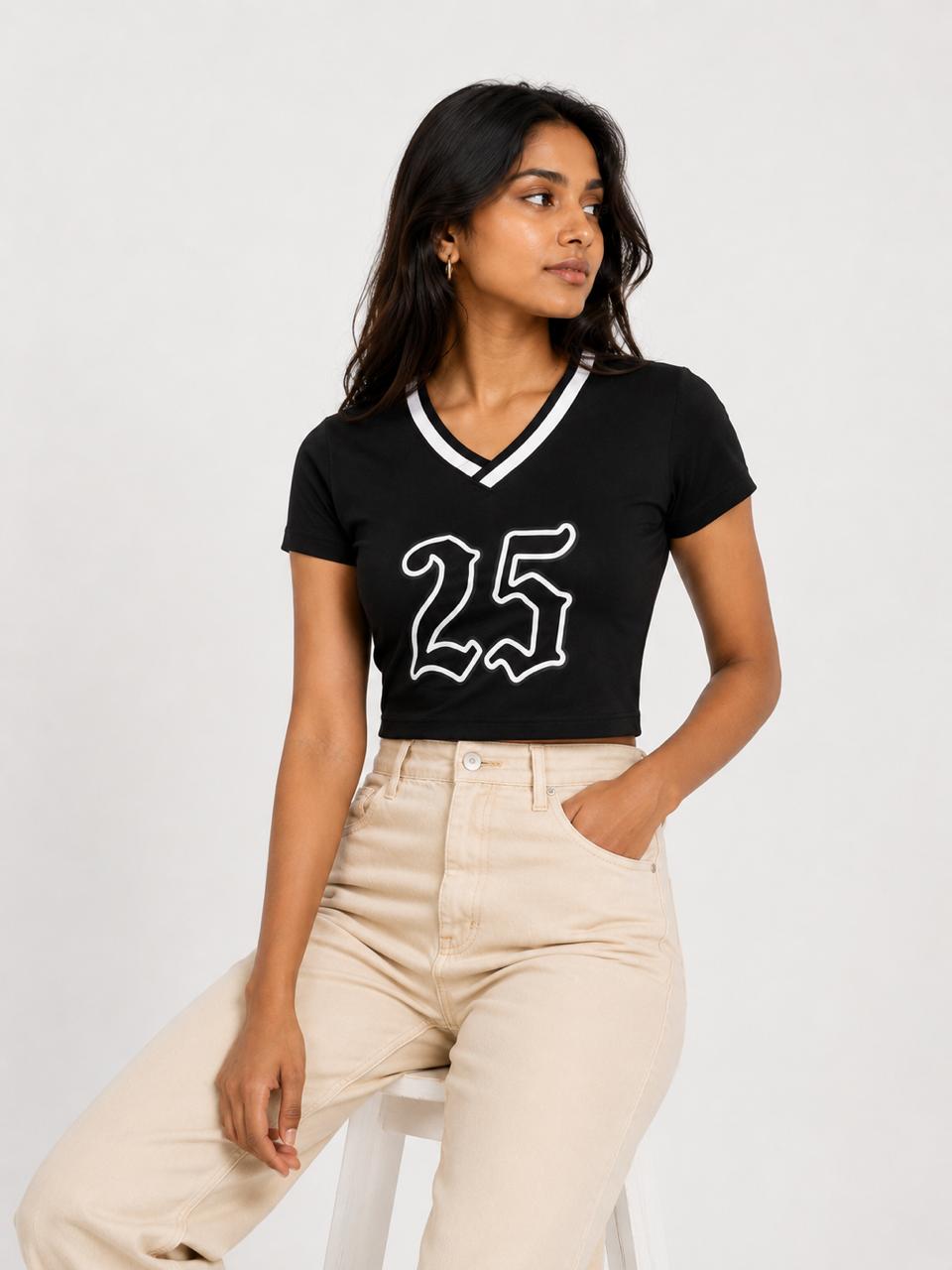 Retro printed Black contrast collar Baby tee | Women's cropped Fit T-shirt