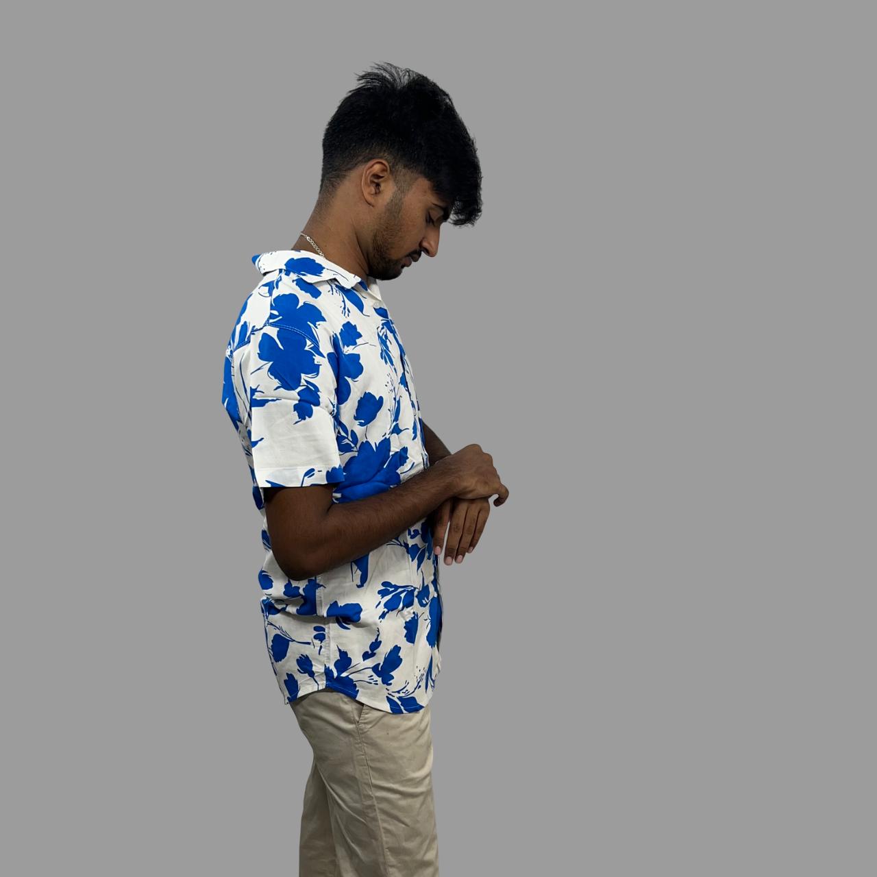 White and blue floral printed cuban collar shirt