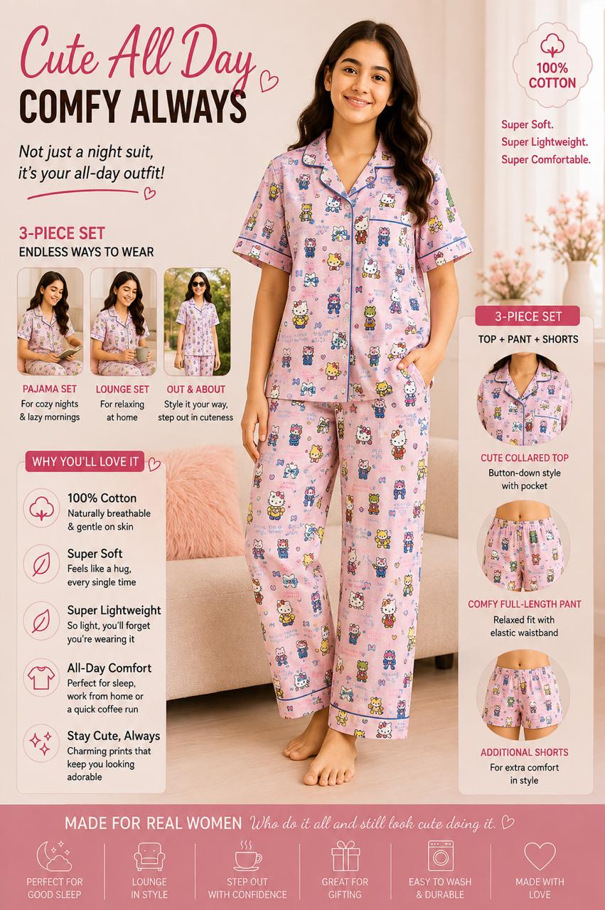 Kids pink Hello kitty Printed Premium 3-Piece Cotton Lounge Set