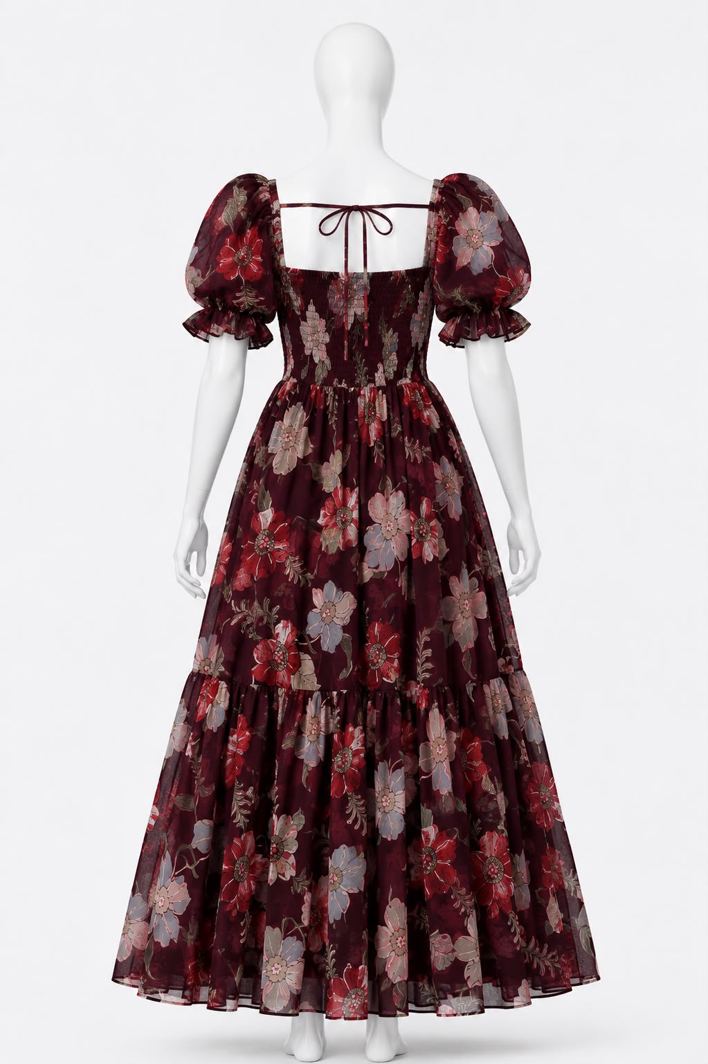 Women's Burgundy floral print sundress with puff sleeves