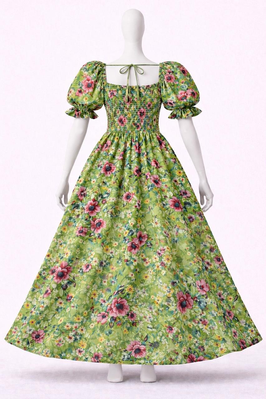 Women's green vibrant floral printed sundress with puff sleeves
