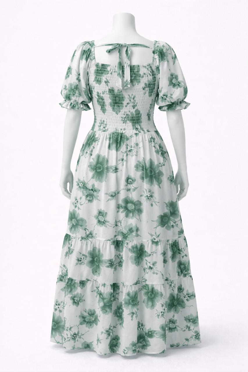 Women's white & green flower printed sundress with puff sleeve