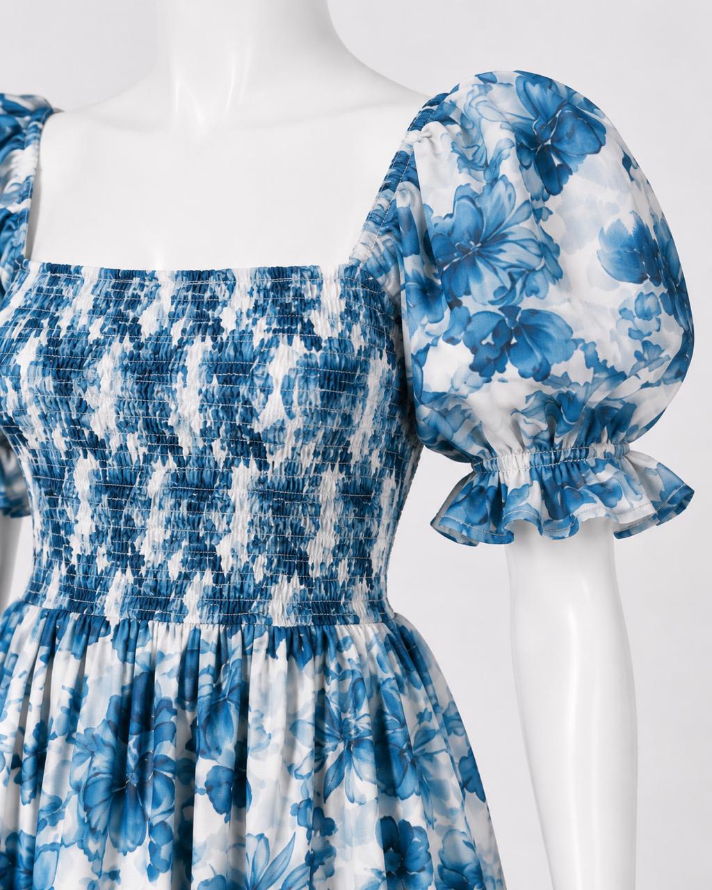 Women's blue printed sundress with puff sleeves