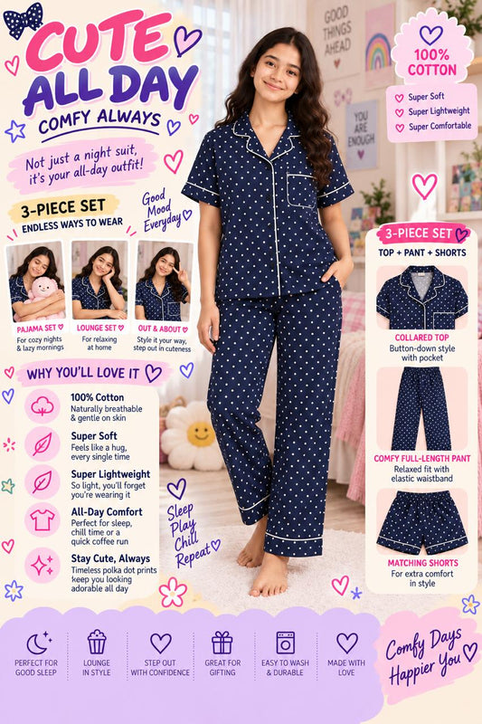 Kid's Polka dot Printed Premium 3-Piece Cotton Lounge Set