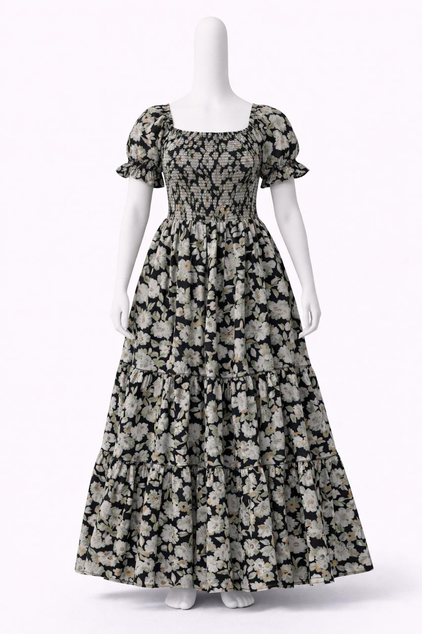 Women's Black & green floral printed sundress with puff sleeves