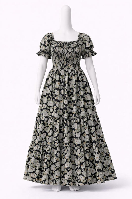 Women's Black & green floral printed sundress with puff sleeves