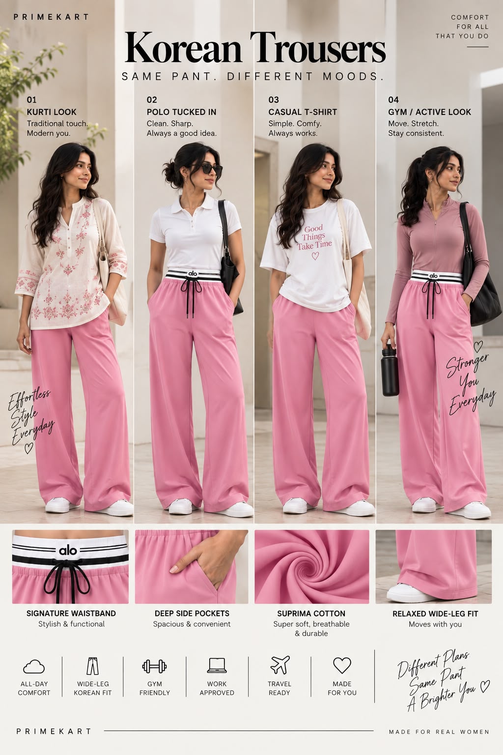 Women’s Pink Wide-Leg Korean trousers with Striped Elastic Waistband & Drawstring