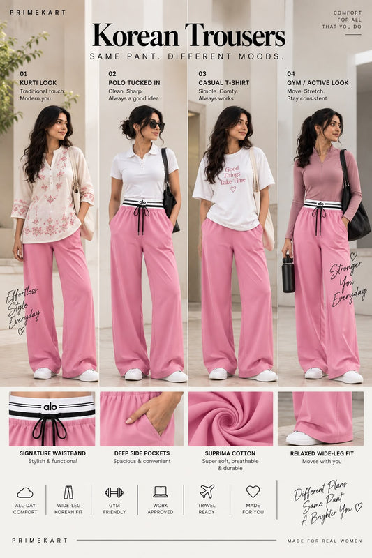 Women’s Pink Wide-Leg Korean trousers with Striped Elastic Waistband & Drawstring