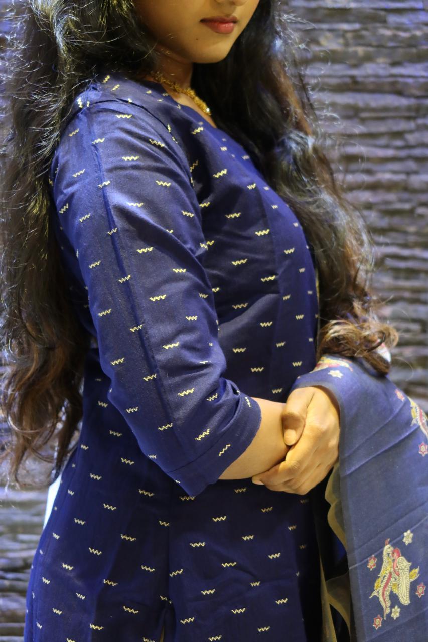 Pure Raw Silk Churidar Set with Kalamkari Dupatta & Pant