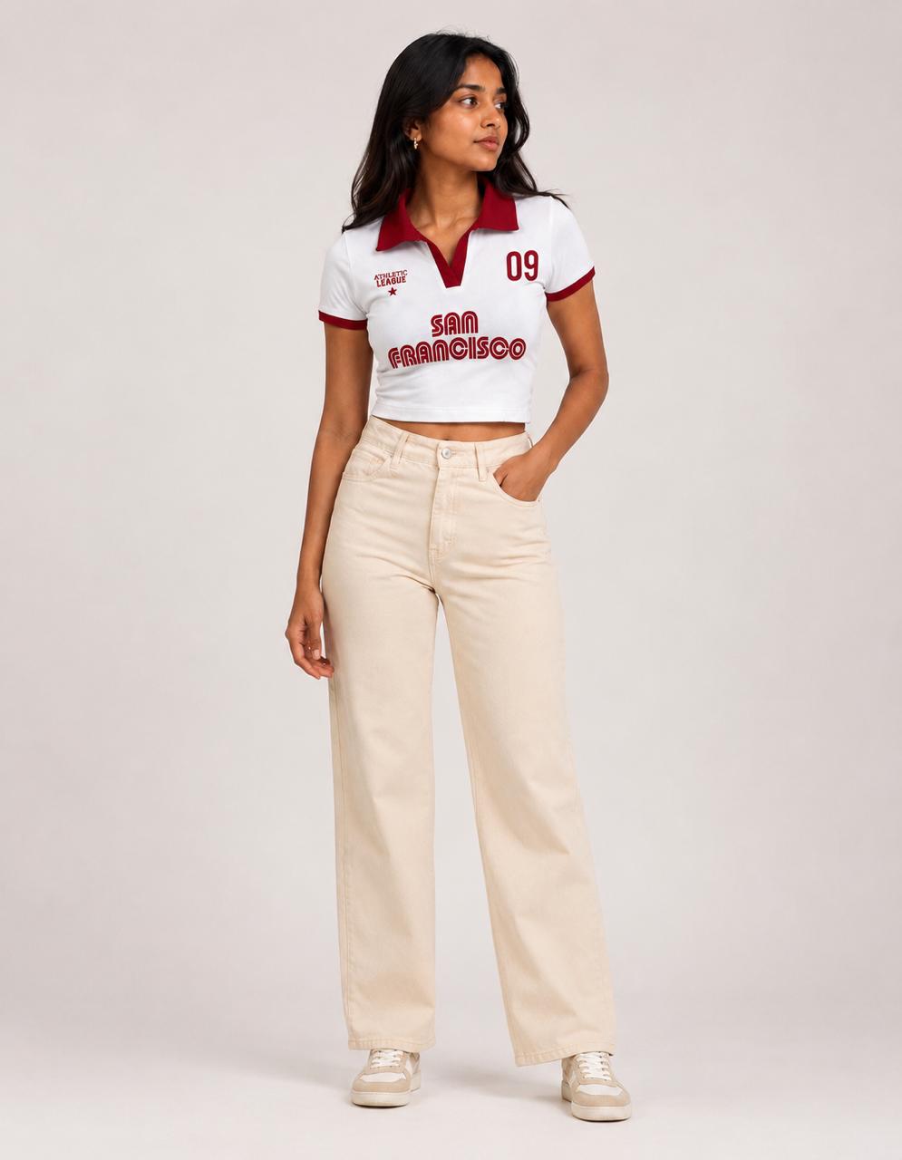 Retro printed white contrast collar Baby tee | Women's cropped Fit T-shirt