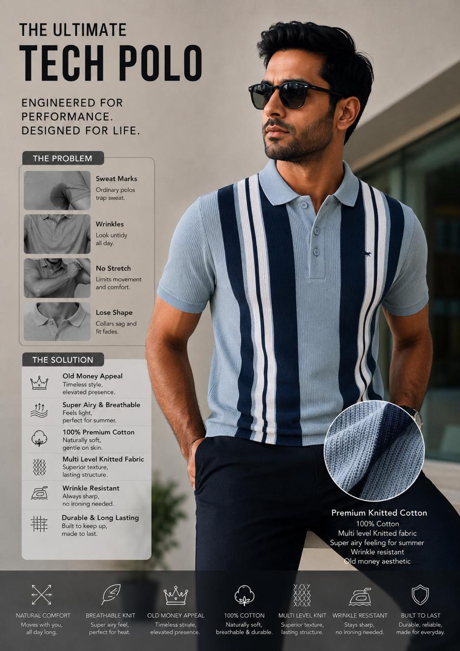 Men’s Sky Blue Knitted Cotton Polo T-Shirt | Premium Vertical Stripe Polo Tee