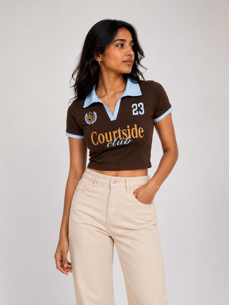 Retro printed brown contrast collar Baby tee | Women's cropped Fit T-shirt
