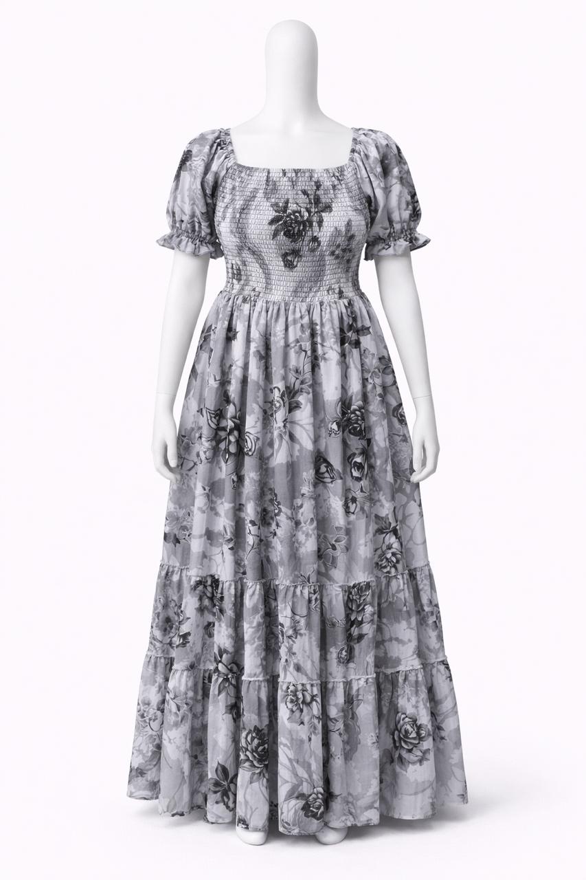 Women's Grey printed sundress with puff sleeves