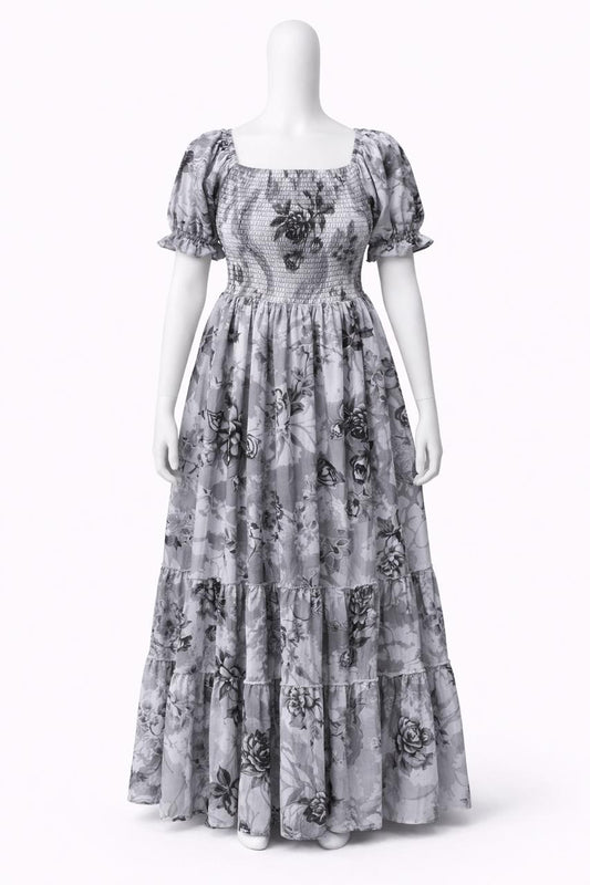 Women's Grey printed sundress with puff sleeves