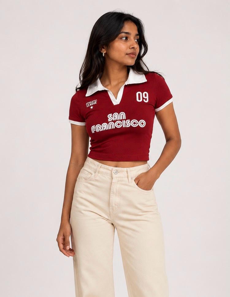 Retro printed red  contrast collar Baby tee | Women's cropped Fit T-shirt