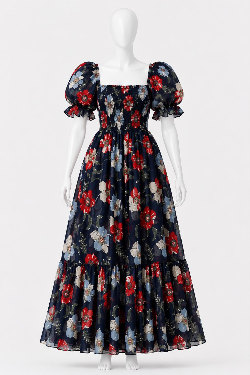 Women's navy blue  floral printed sundress with puff sleeves