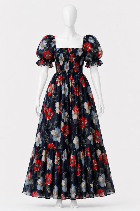 Women's navy blue  floral printed sundress with puff sleeves