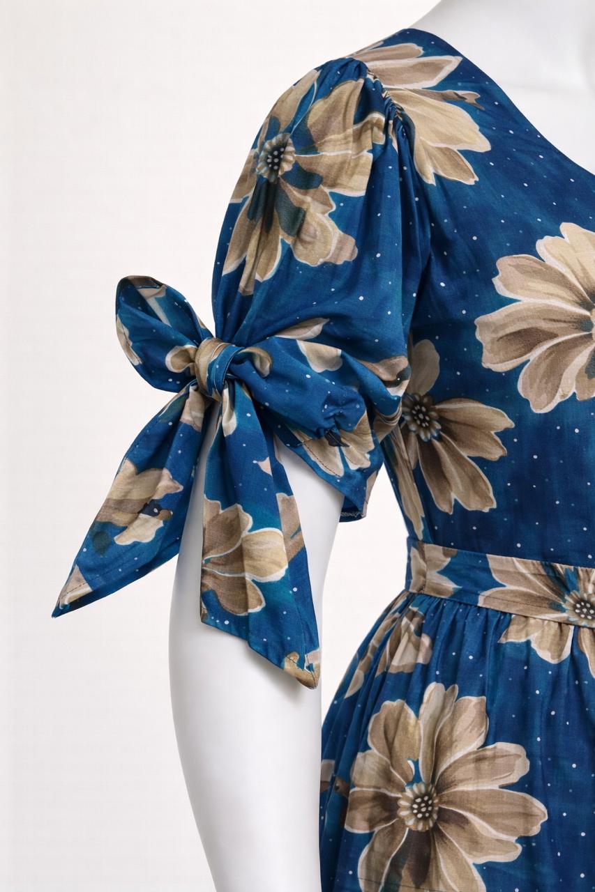 Women's blue floral maxi with puff sleeves tie up dress