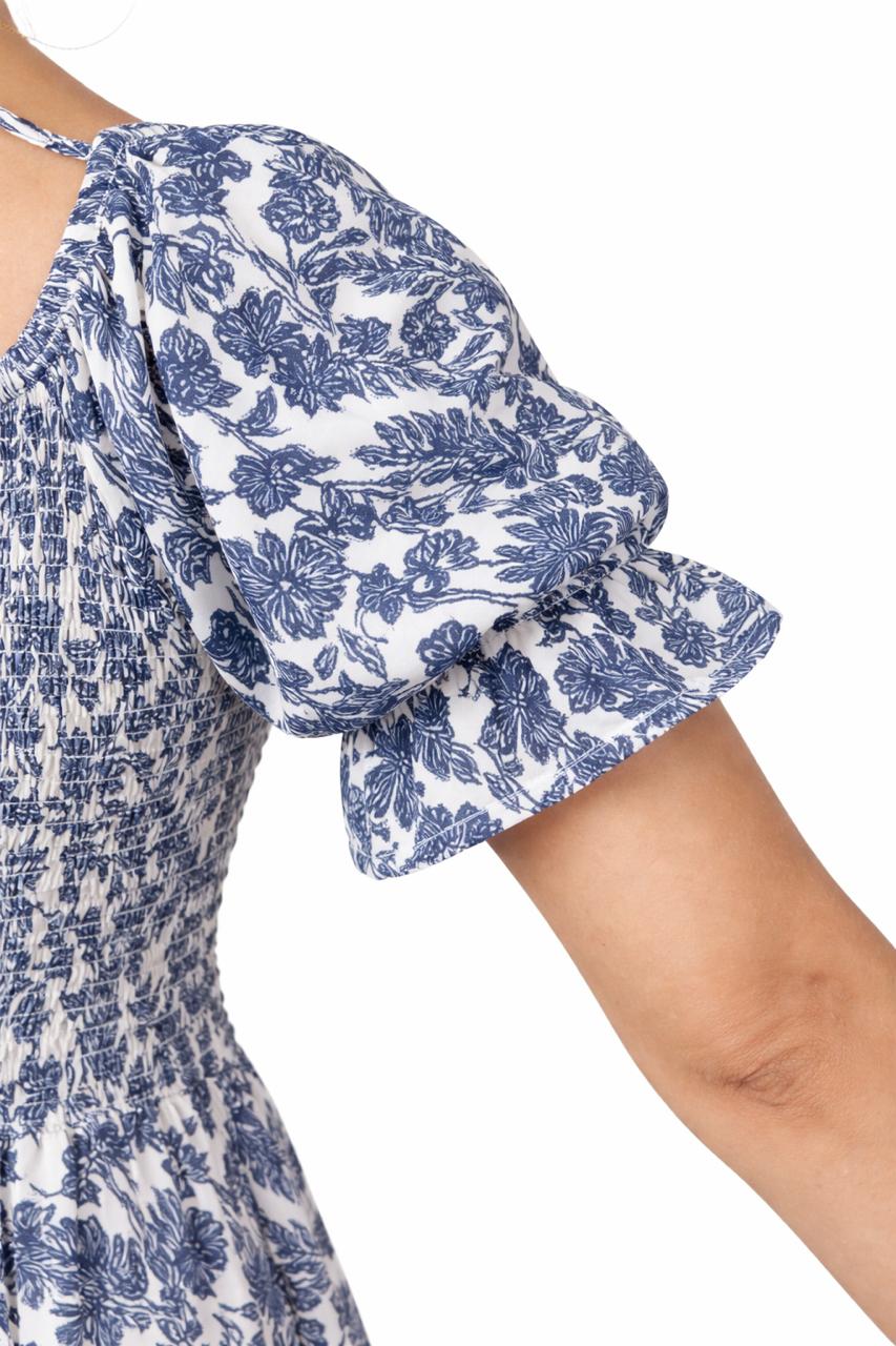Women's white & blue floral printed sundress with puff sleeves