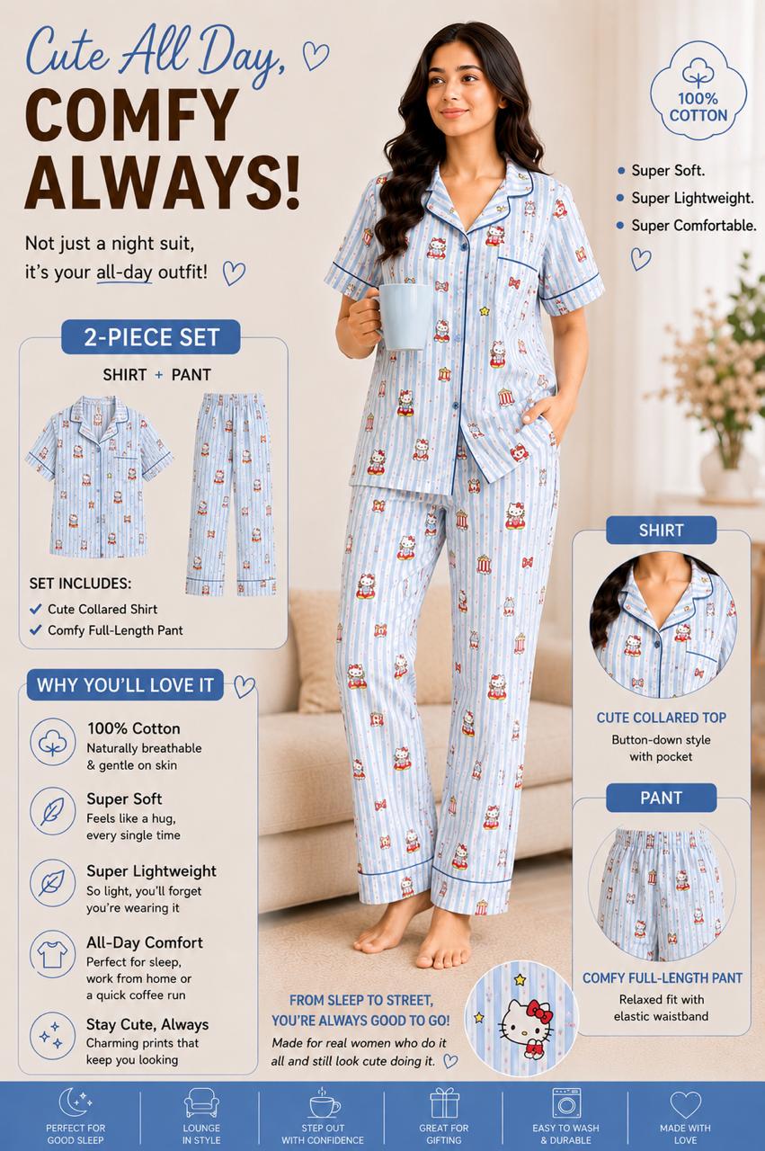 kitty & Bow Printed Premium 2-Piece Cotton Lounge Set
