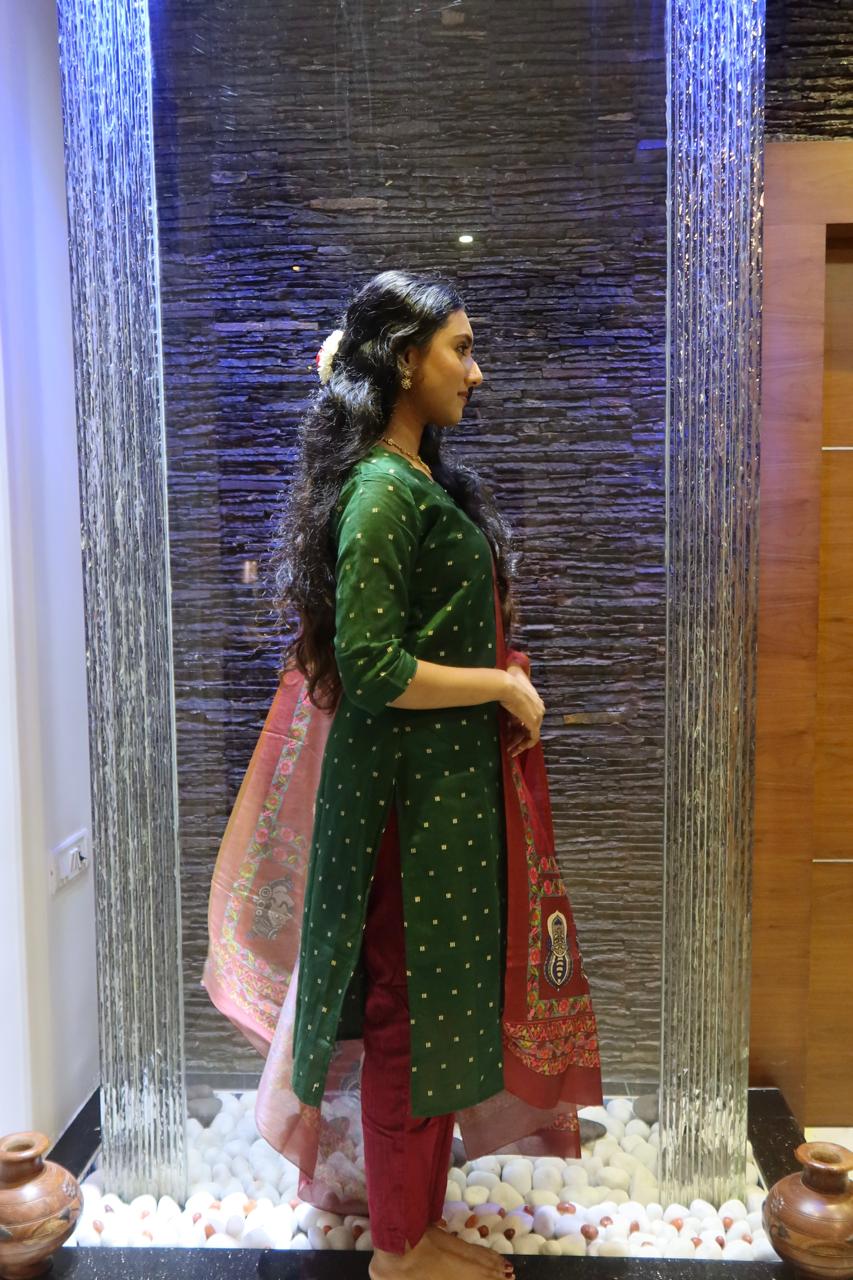 Pure Raw Silk Churidar Set with Kalamkari Dupatta & Pant