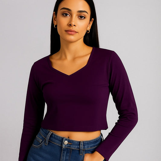 Stylish deep violet knitted crop top | full sleeve