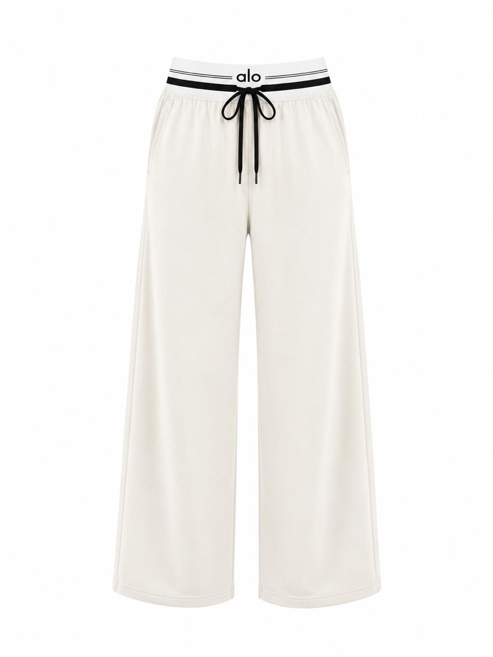 Women’s Off-white Wide-Leg Track Pants with Striped Elastic Waistband & Drawstring