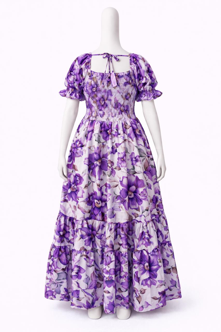Women's white & violet printed sundress with puff sleeves