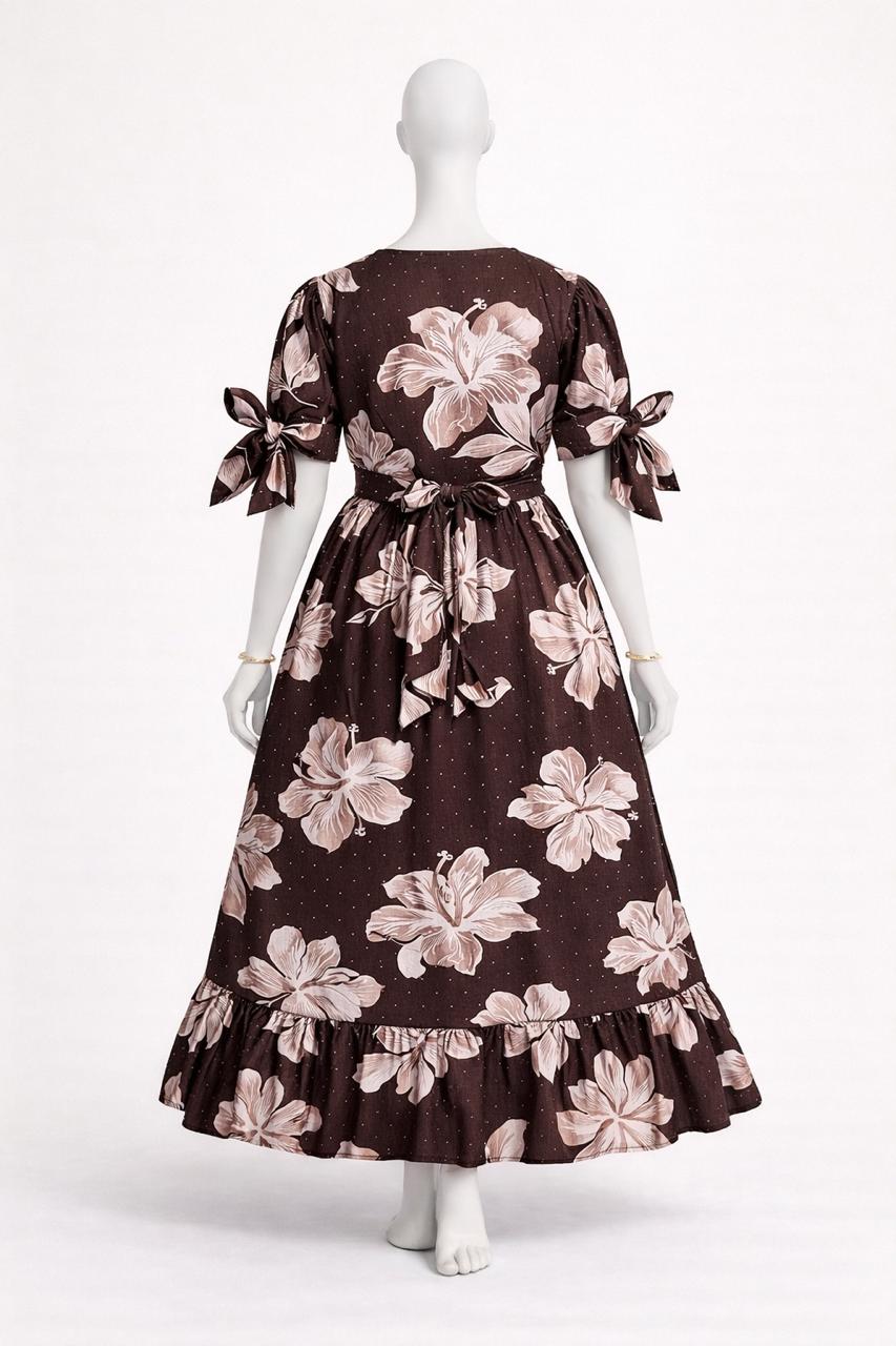 Women's brown floral maxi with puff sleeves tie up dress