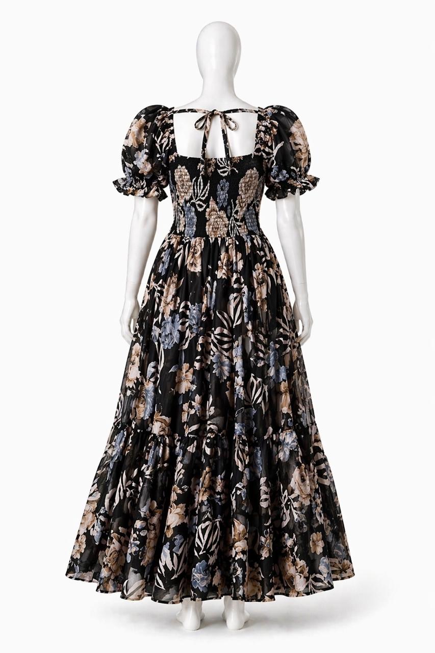 Women's Black floral printed sundress with puff sleeves