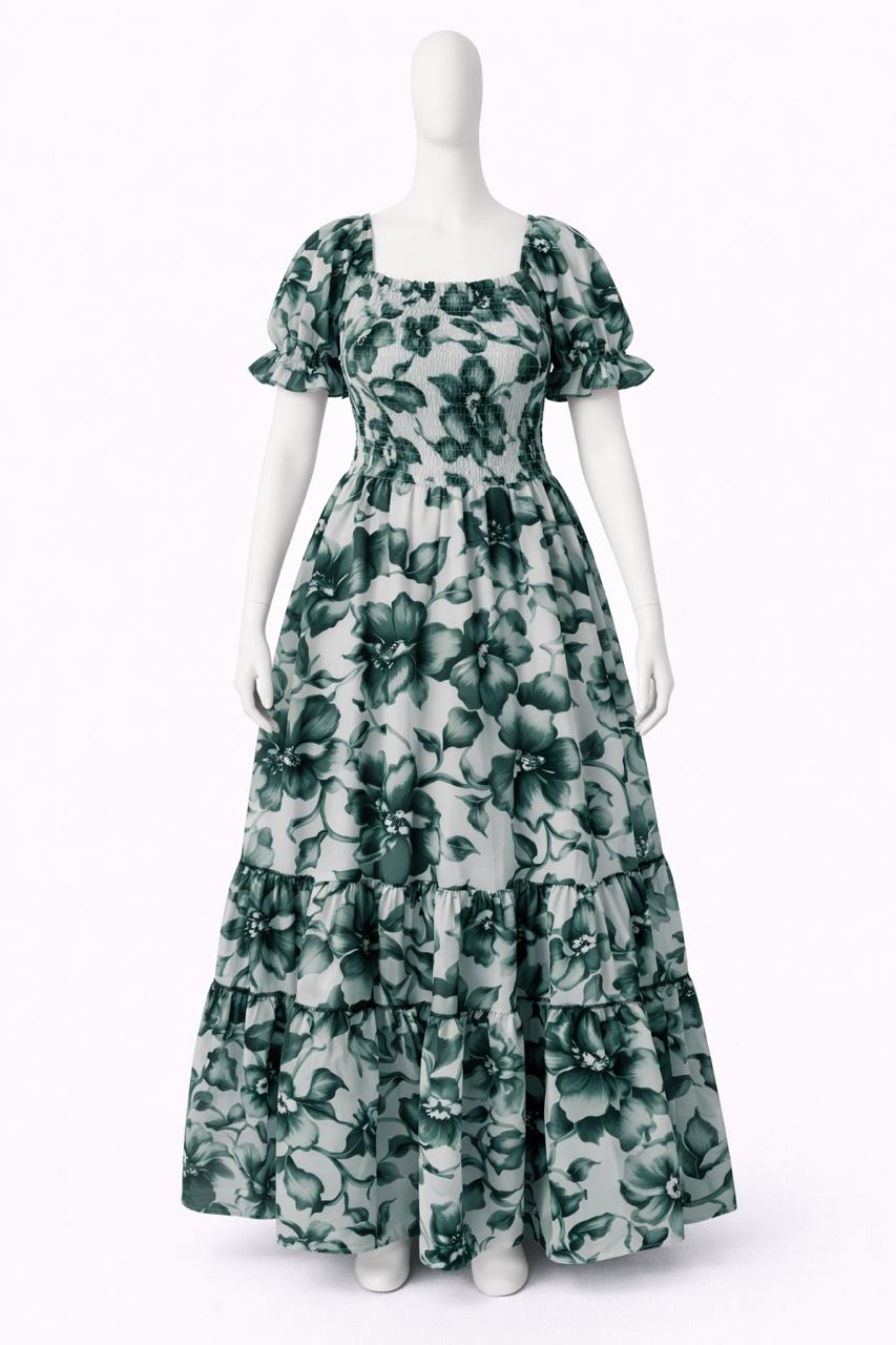 Women's white & green printed sundress with puff sleeves