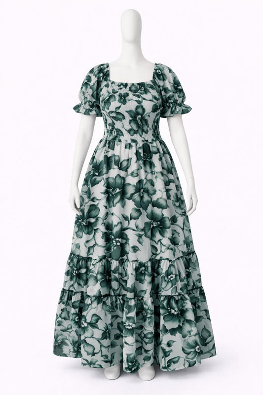 Women's white & green printed sundress with puff sleeves