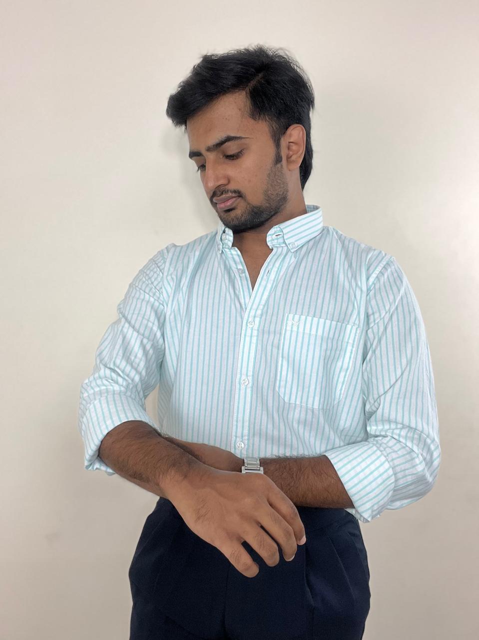 Pastel blue striped oxford cotton-linen| button down collar