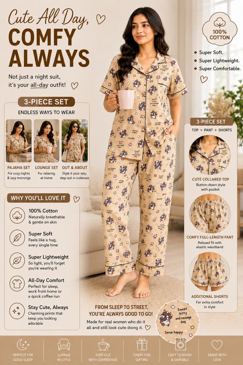 Sweet kitty Printed Premium 3-Piece Cotton Lounge Set