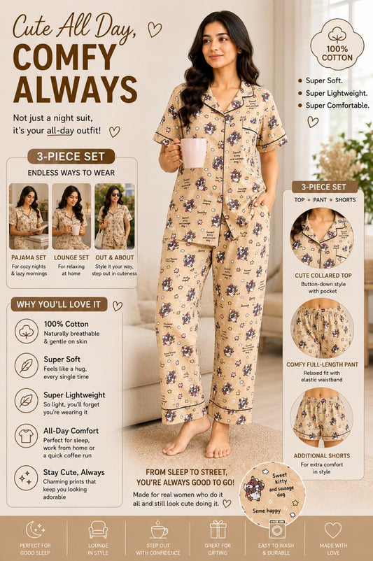 Sweet kitty Printed Premium 3-Piece Cotton Lounge Set