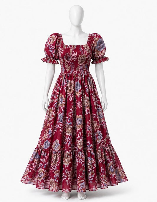 Women's red printed sundress with puff sleeves