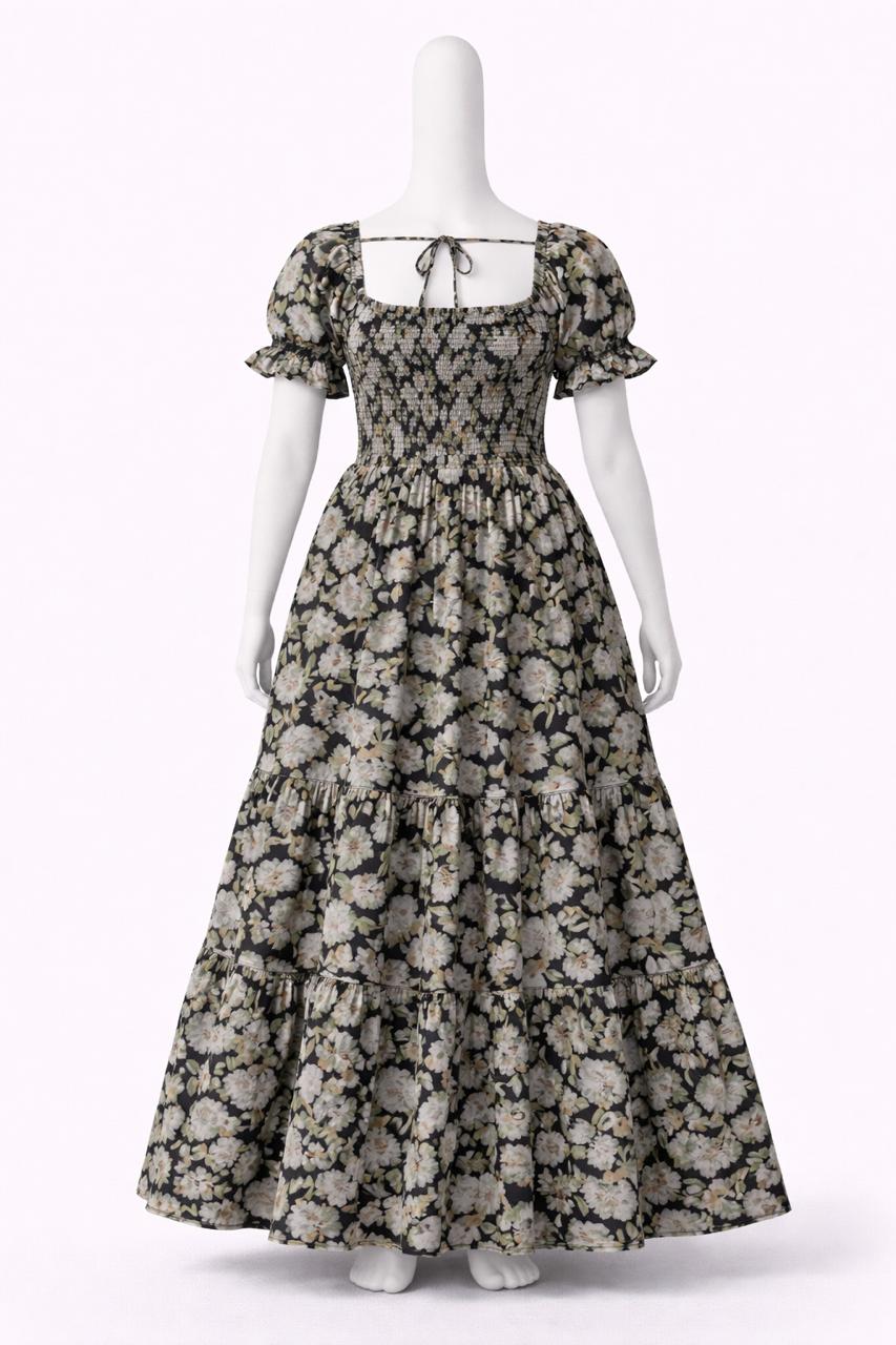 Women's Black & green floral printed sundress with puff sleeves