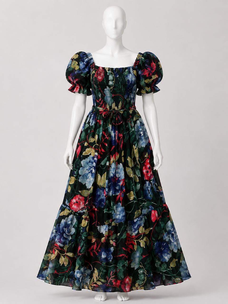 Women's green floral printed sundress with puff sleeves