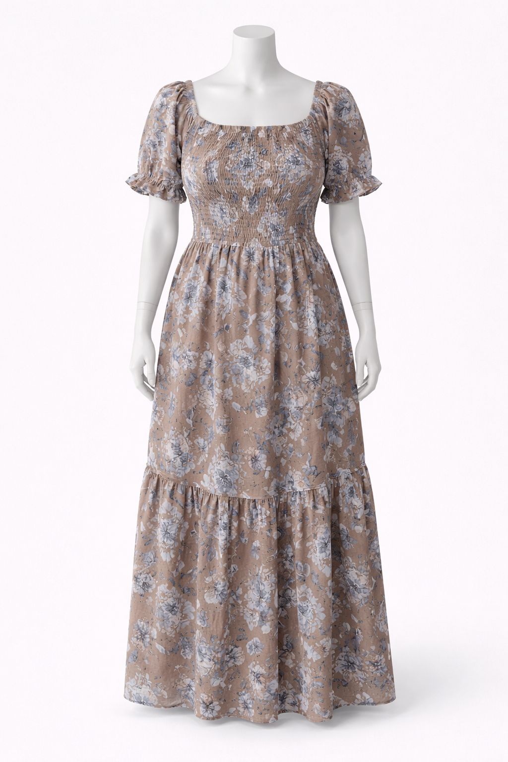 Women's brown printed sundress with puff sleeves