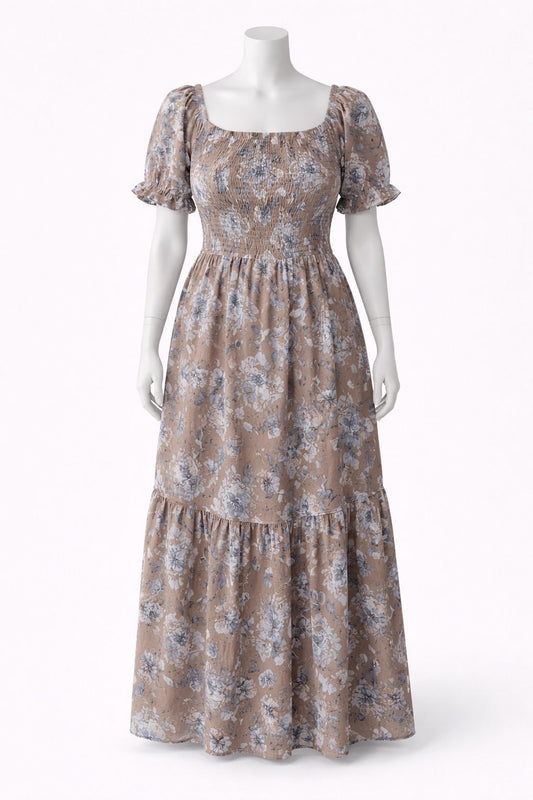 Women's brown printed sundress with puff sleeves