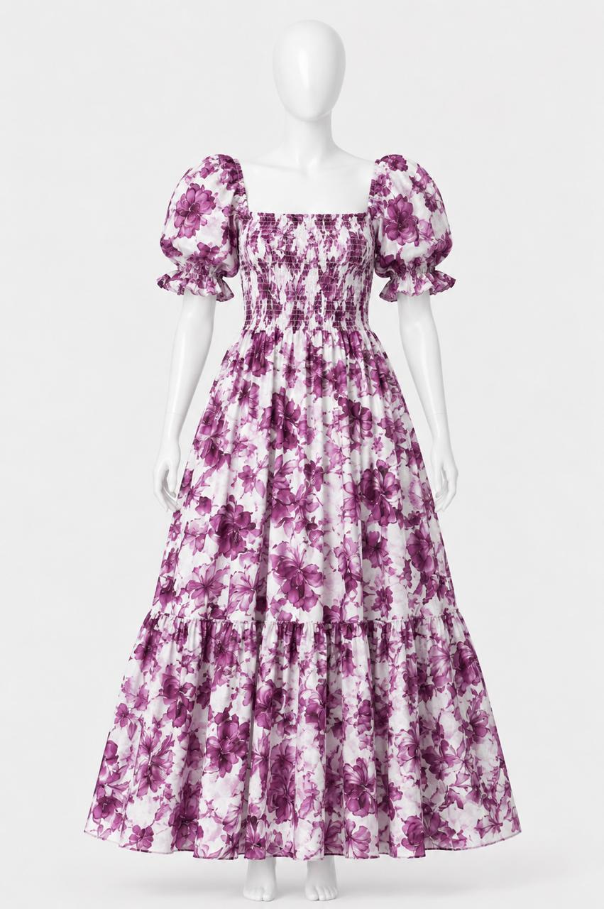 Women's white with pink floral print sundress with puff sleeves