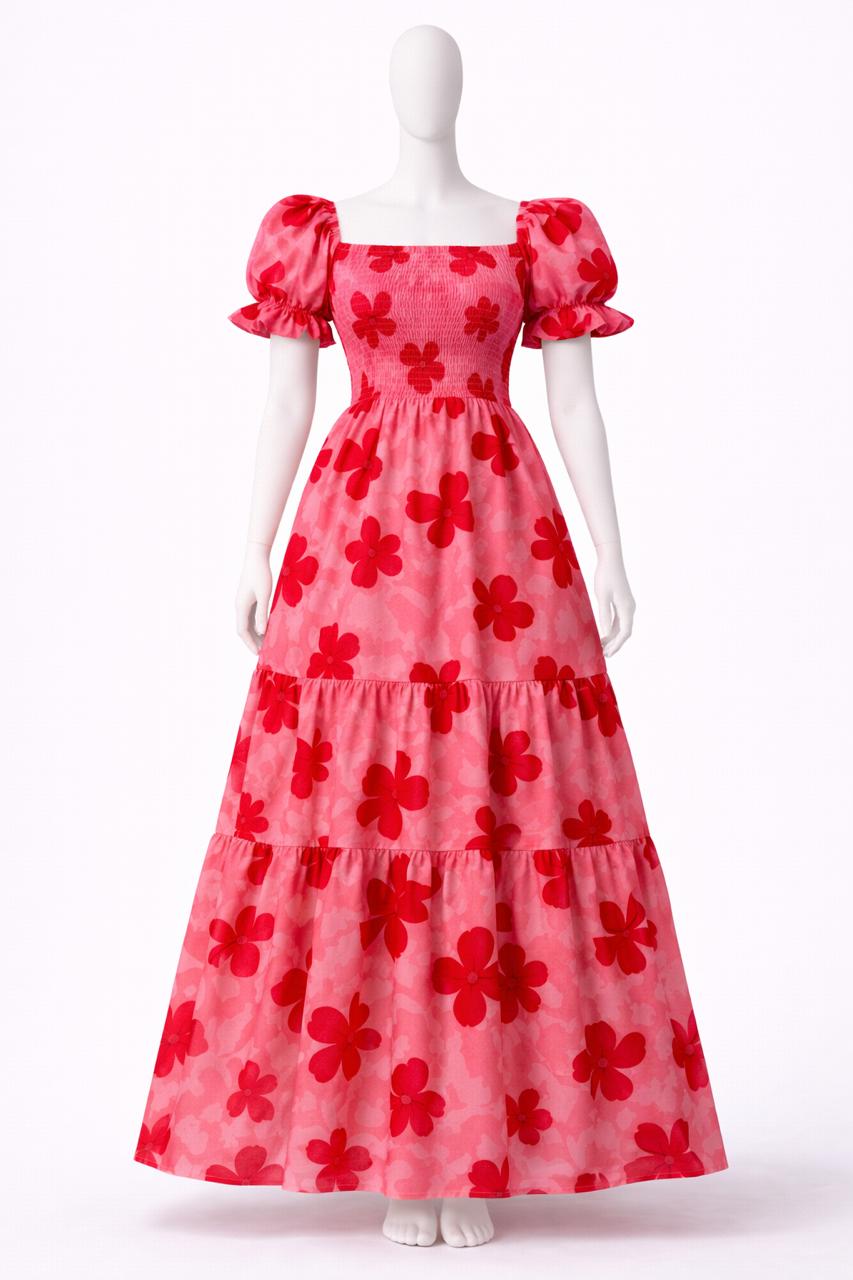 Women's floral printed pink sundress with puff sleeves
