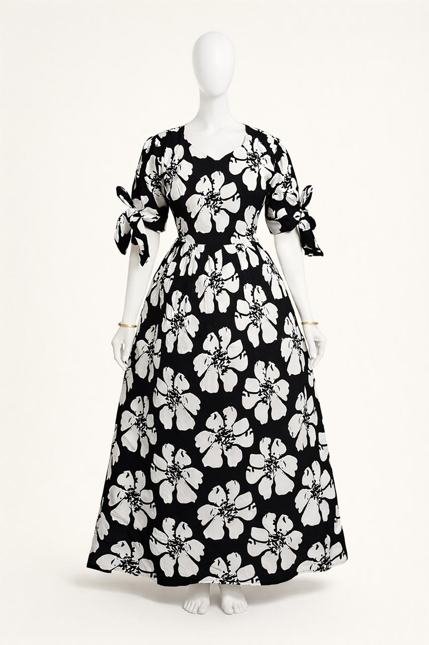 Women's Black floral maxi with puff sleeves tie up dress