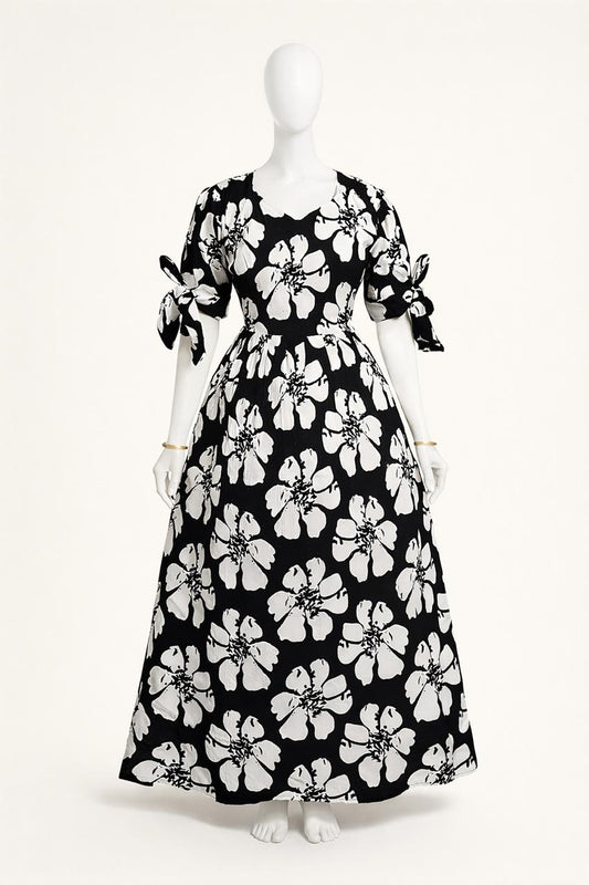 Women's Black floral maxi with puff sleeves tie up dress