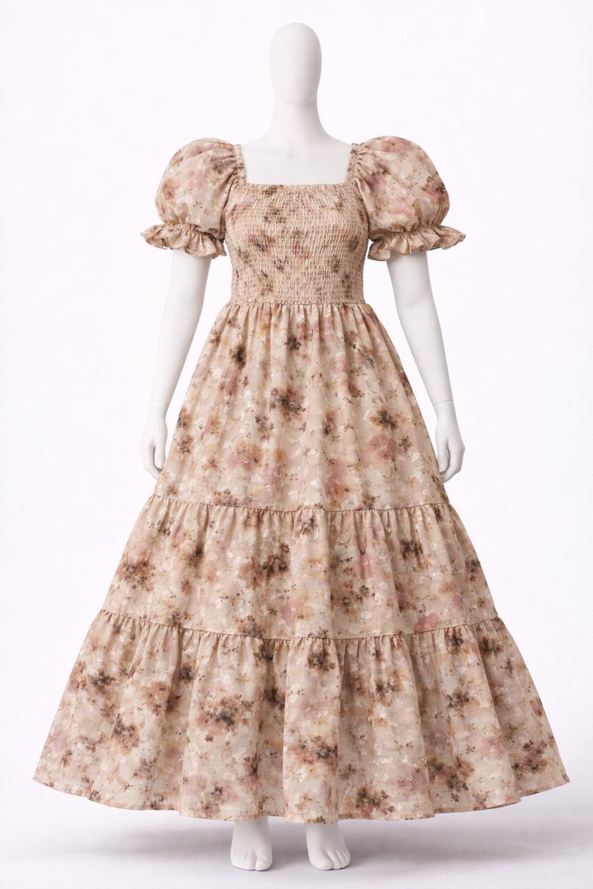 Women's Beige & pink printed sundress with puff sleeves